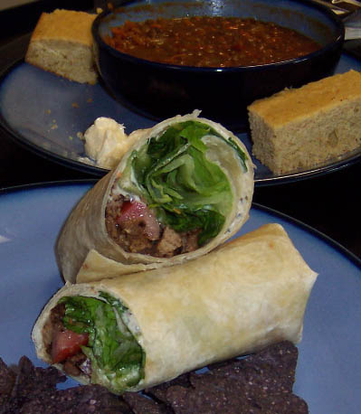 Cafe Indigo wrap, lentil soup, corn bread